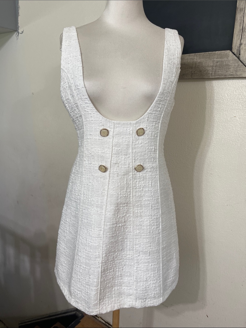 Zara Textured white Boucle Pinafore Dress - Sz S